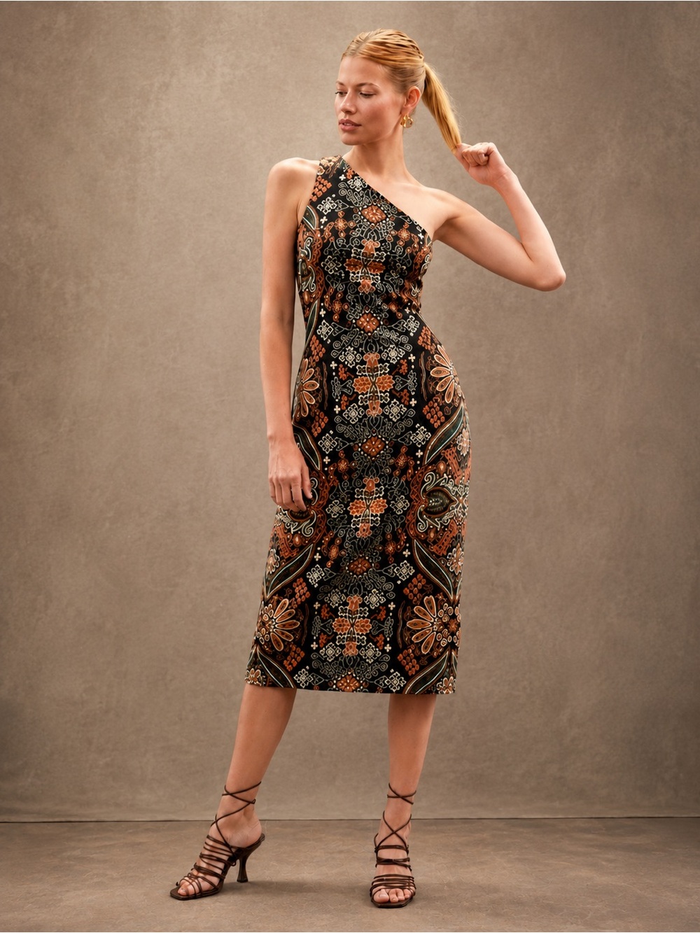 Anthropologie One-Shoulder Geometric Jacquard Stretch Knit Midi Dress Size Small